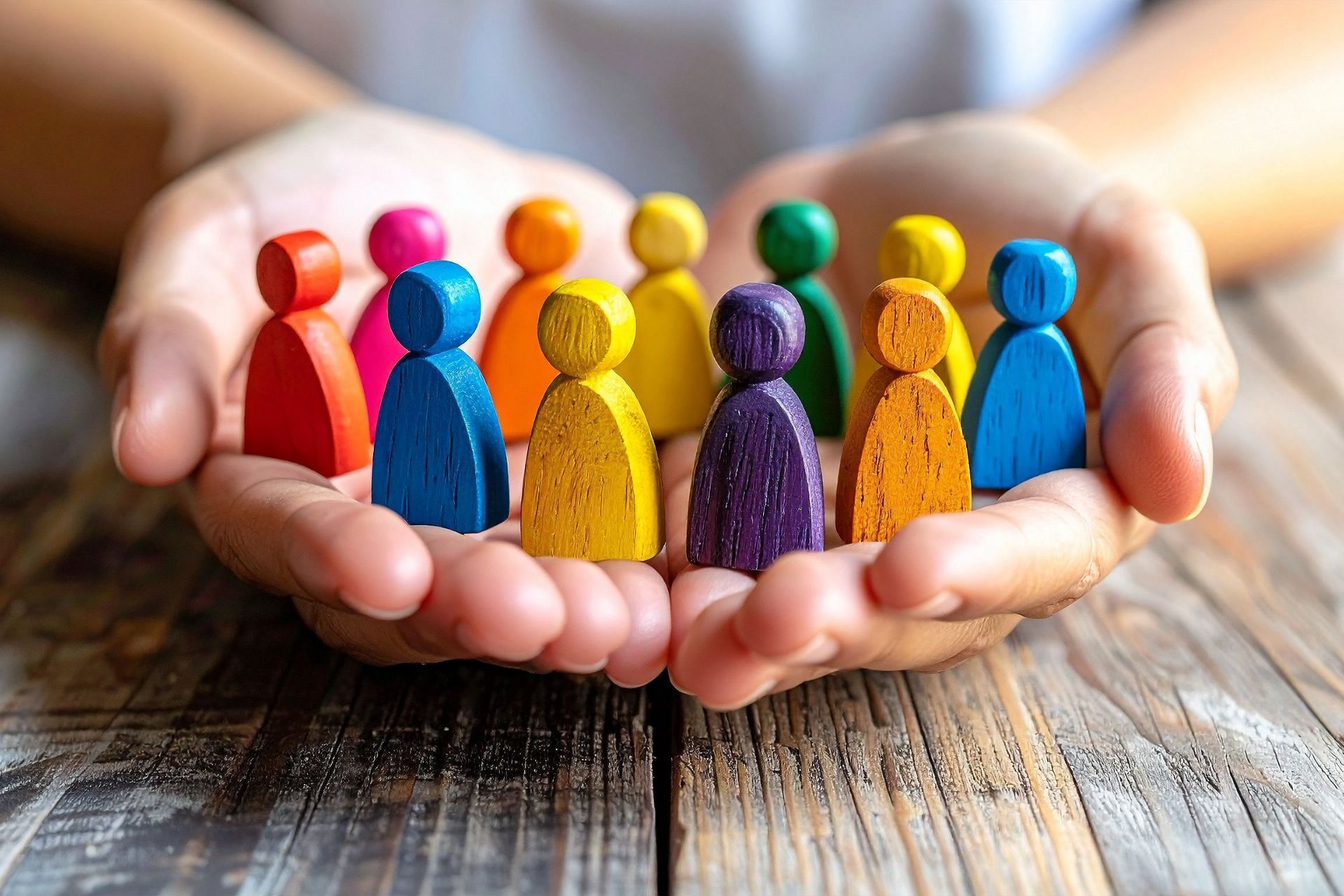 Nahaufnahme von zwei geöffneten Händen, die eine Gruppe bunter, hölzerner Spielfiguren in verschiedenen leuchtenden Farben wie Rot, Blau, Gelb, Lila und Grün schützend im Kreis halten. Die Hände mit den Figuren ruhen auf einem rustikalen Holztisch. Das Bild symbolisiert Vielfalt, Inklusion und Gemeinschaft.